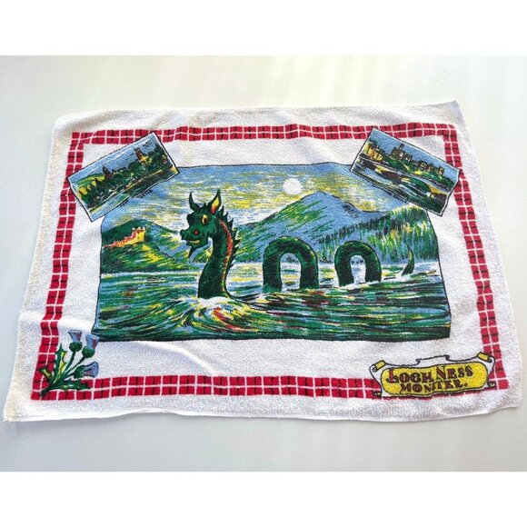 Vintage 70s Loch Ness Monster terry cloth towel, kitschy Nessie dish towel - Picture 1 of 9